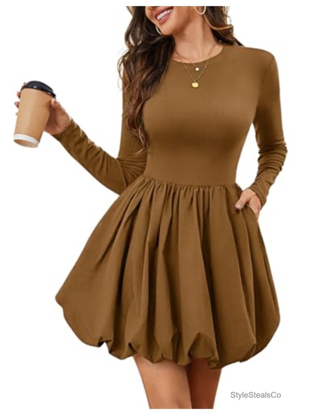 Long Sleeve Mini Bubble Dress High Waist Cocktail Party Pockets